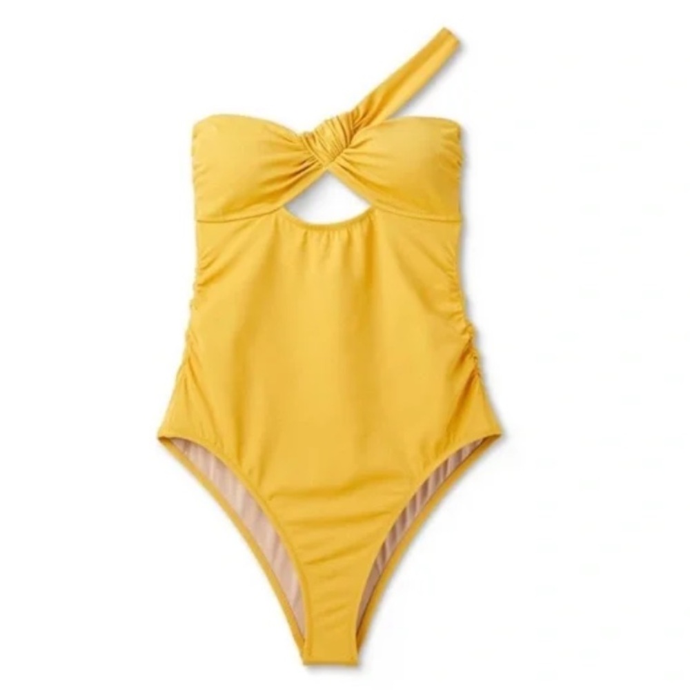 Shade & Shore Yellow Gold Asymmetric Twist Front One Piece Swimsuit M NEW - Picture 4 of 10